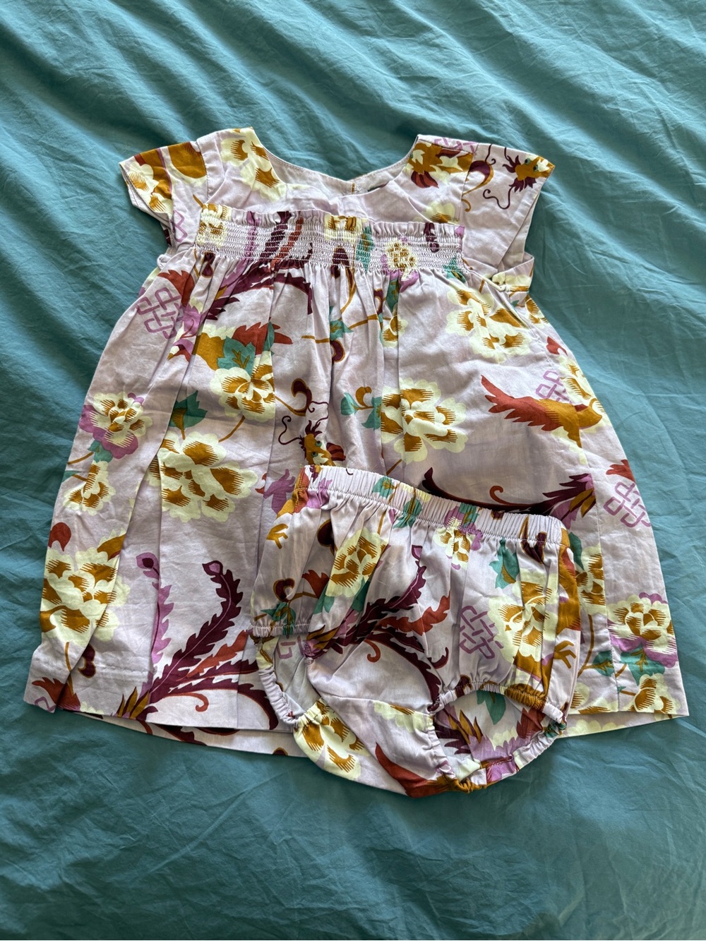 Tea Smocked Floral Baby Dress and Bloomer Set in purple cotton 18-24 months